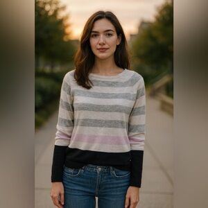 Autumn Cashmere 100% Cashmere Striped Lightweight Knit Sweater Size XS fits to M